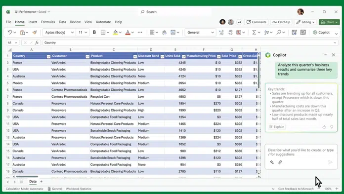 Usando Microsoft 365 Copilot en Excel